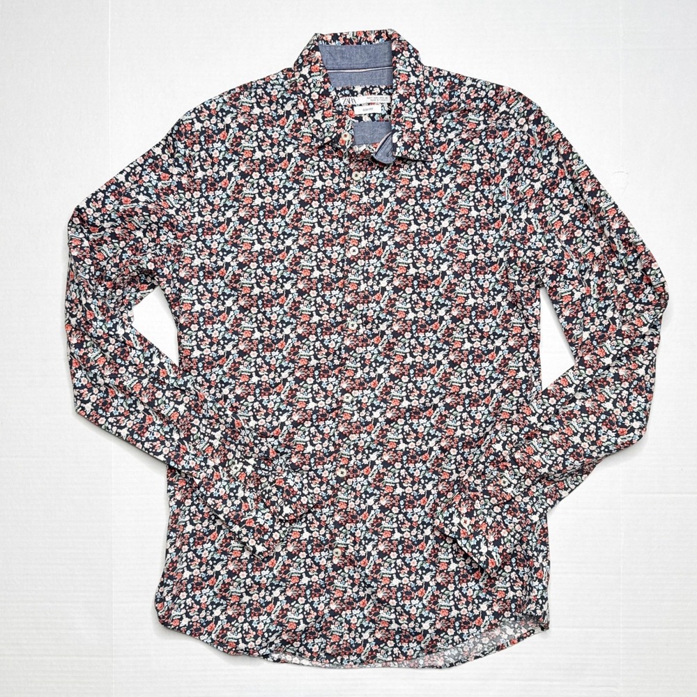 Zara Slim Fit Floral Print Button Up Shirt Mens Size S Navy